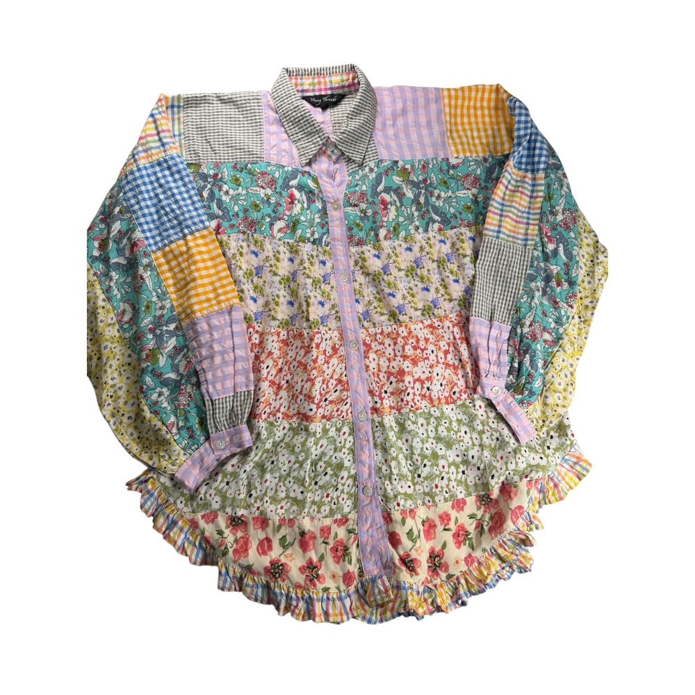 Young Threads Patchwork Floral Gingham Ruffle Button Down Shirt Womens Medium